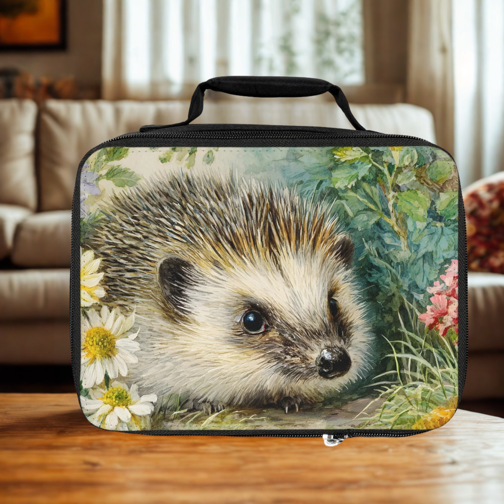  insulated lunch bag with hedgehog design on a wooden living room table.