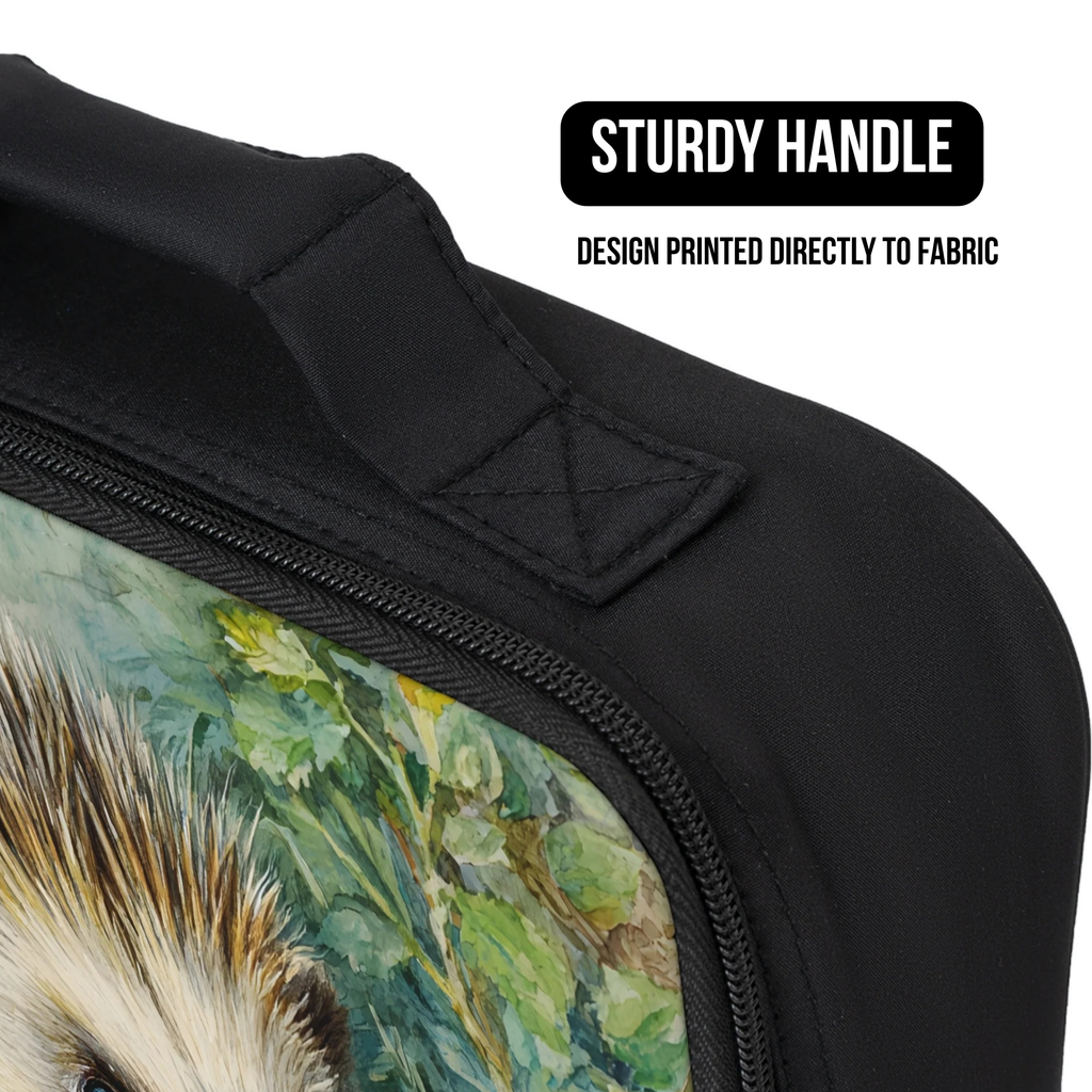 Close-up of a lunch bag with a design printed directly to fabric, featuring a sturdy handle.