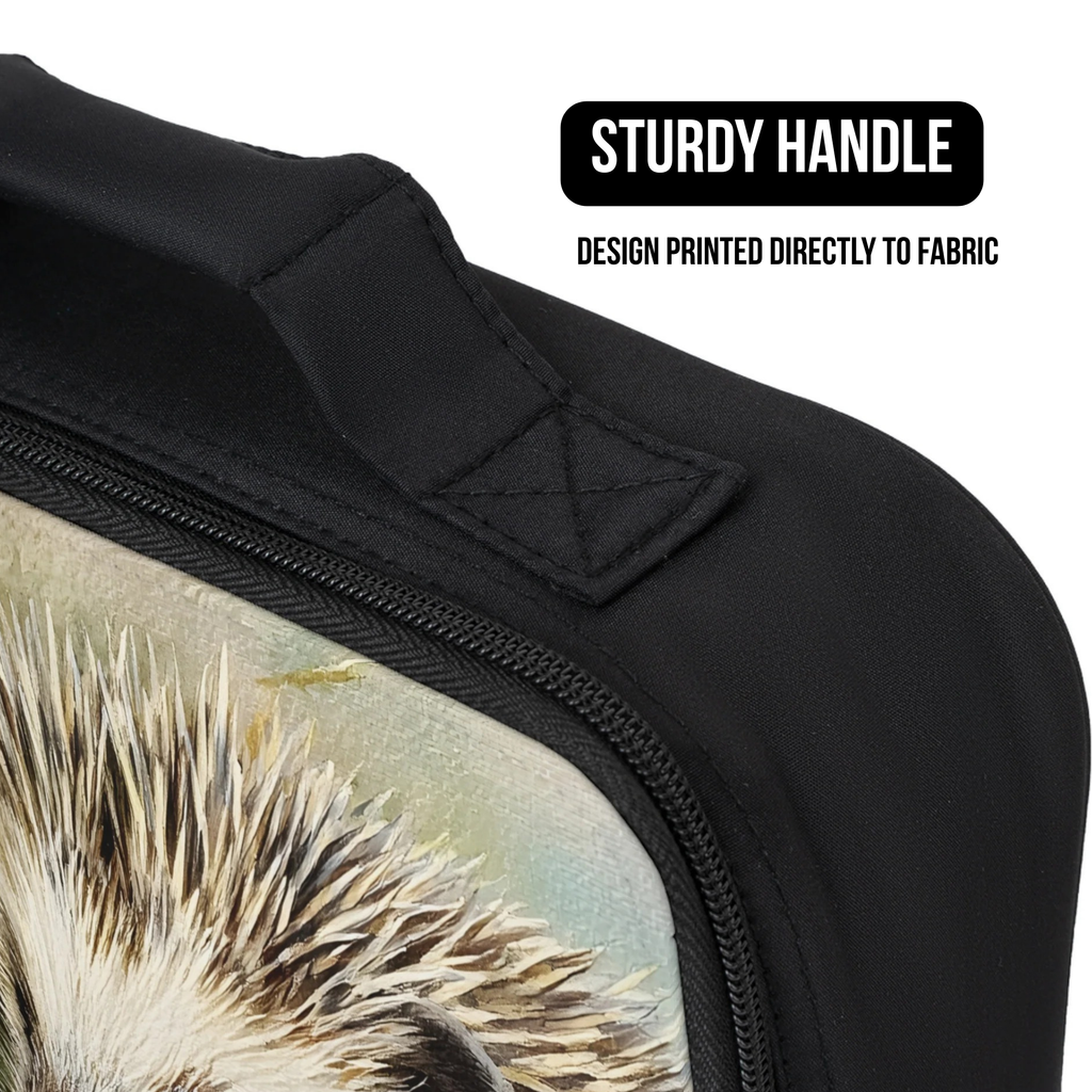 Black lunch bag with a printed design of a thistle plant, featuring a sturdy handle.