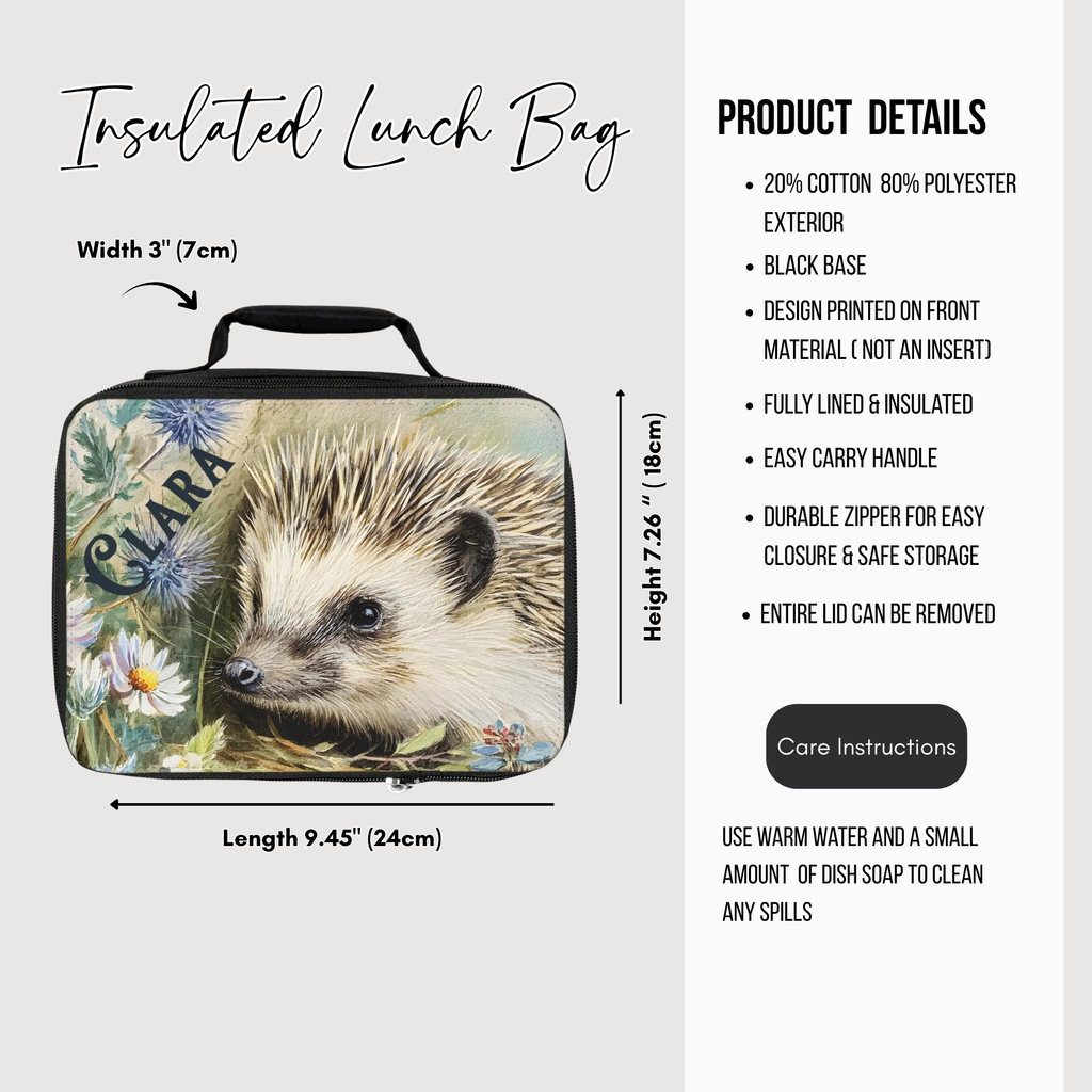 Insulated lunch bag with hedgehog design and product details on a white background