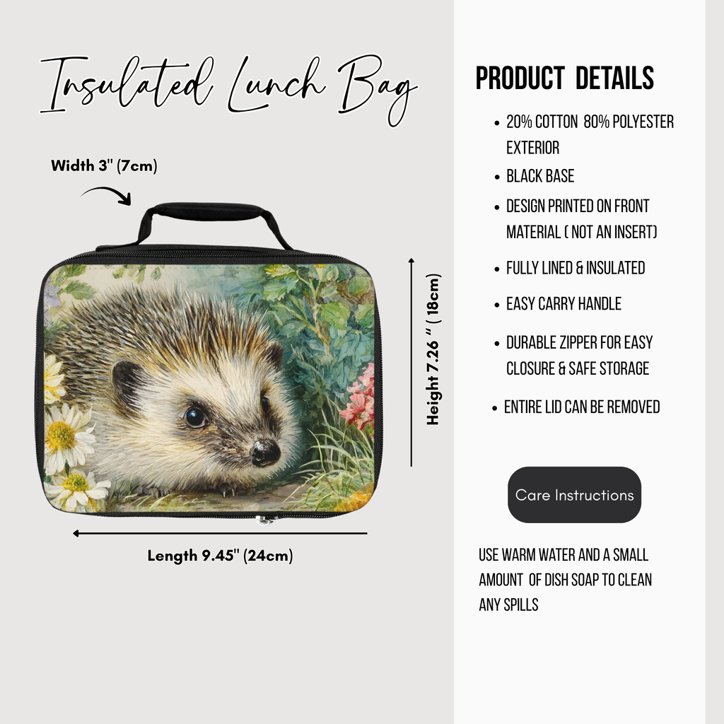 Insulated lunch bag with hedgehog design and product details on a white background