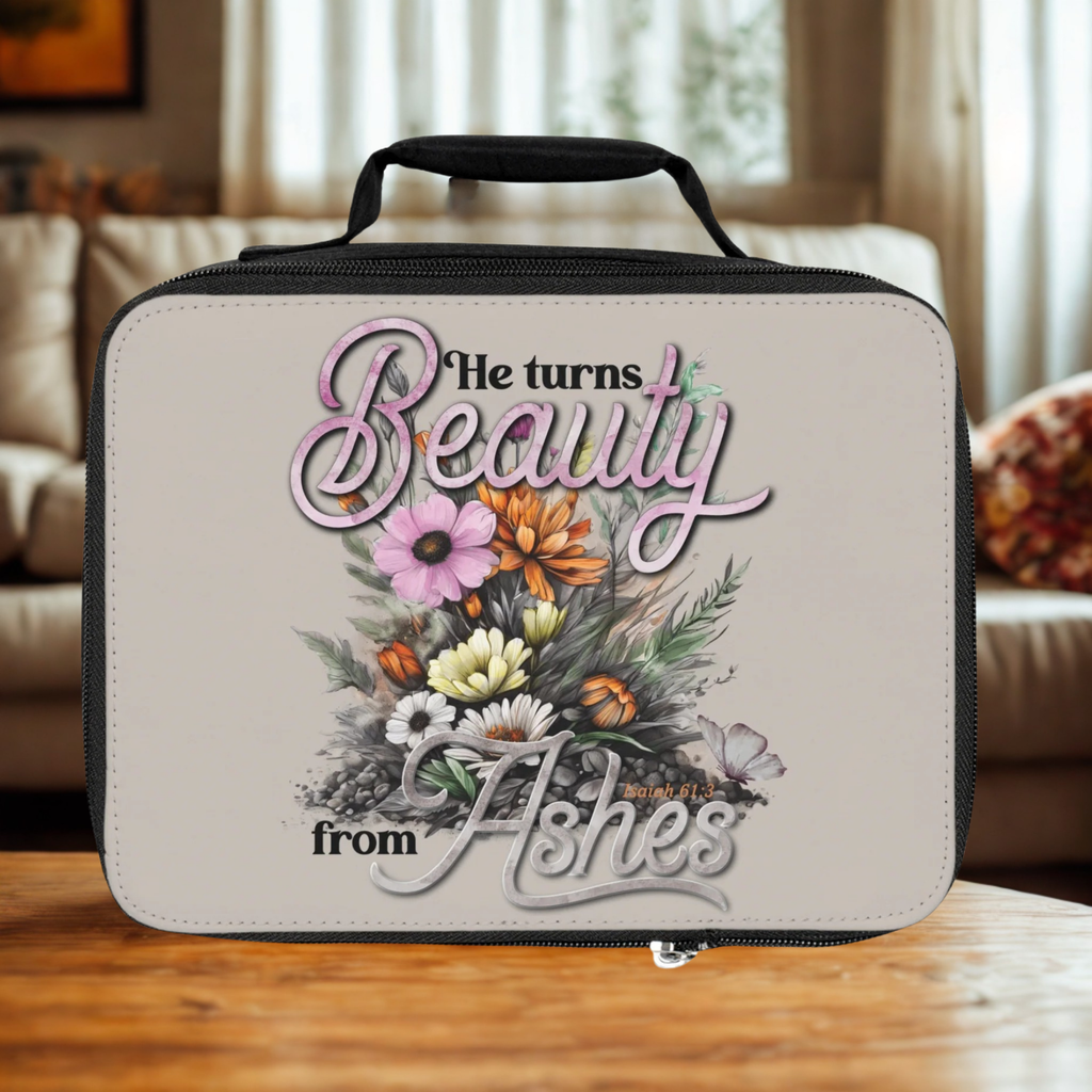  insulated lunch bag with floral design and text on a wooden table