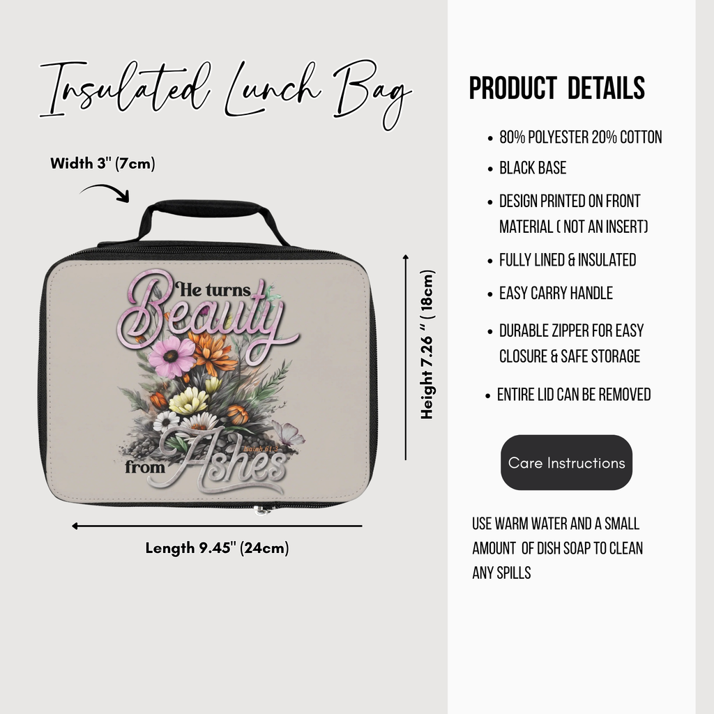 Insulated lunch bag with floral design and text, featuring product details on a white background.