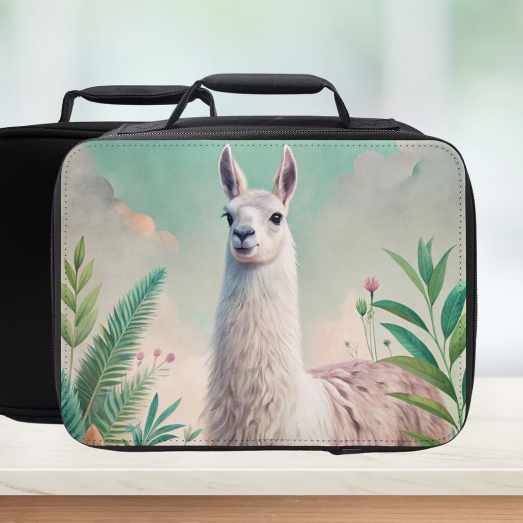 Black lunch bag with a llama and leaf design on a blurred background