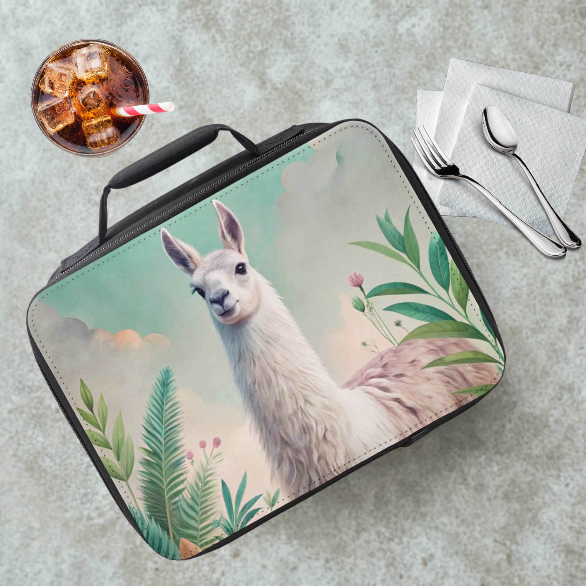  insulated lunch bag with llama design on a table with a drink and utensils