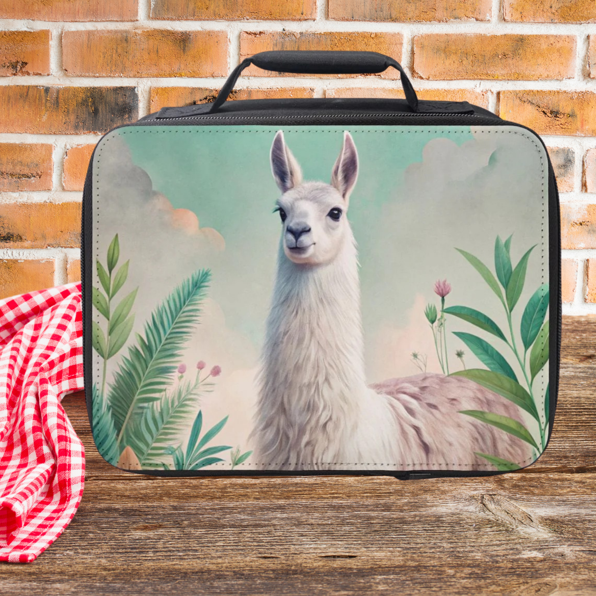 Lunch bag with a llama design on a wooden surface with a brick wall background