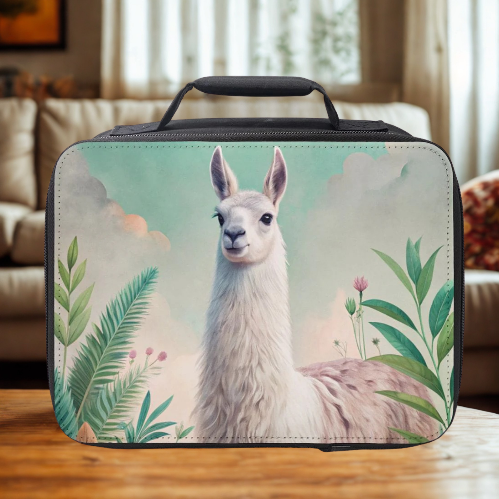  insulated lunch bag with a llama design on a wooden table in a living room