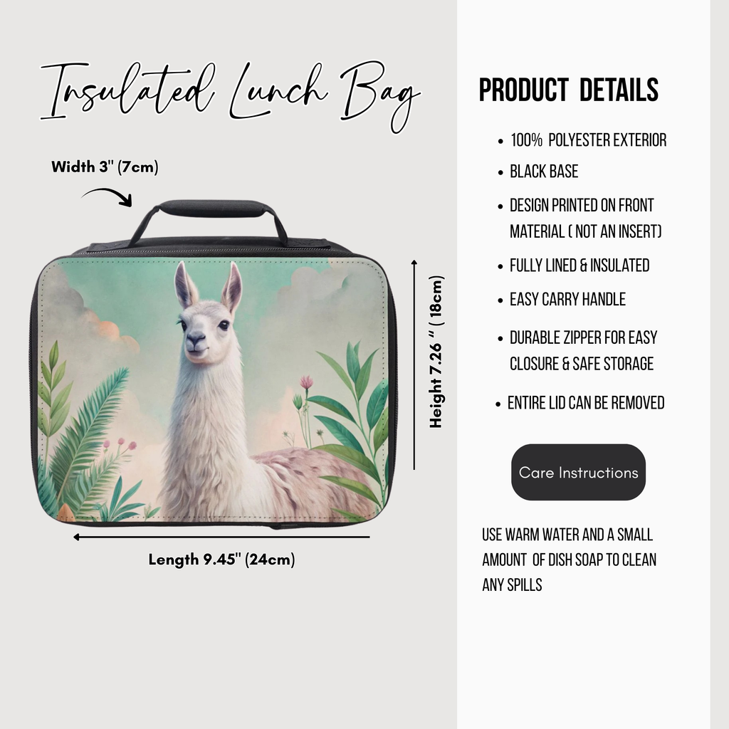 Insulated lunch bag with llama design and product details on a white background