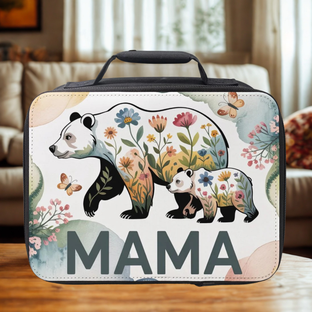  insulated lunch bag with floral bear design and 'MAMA' text on a wooden coffee table in a cozy living room