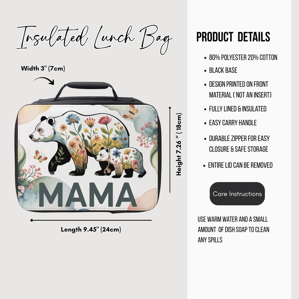 Insulated lunch bag with bear design and 'MAMA' text, featuring product details on a white background.