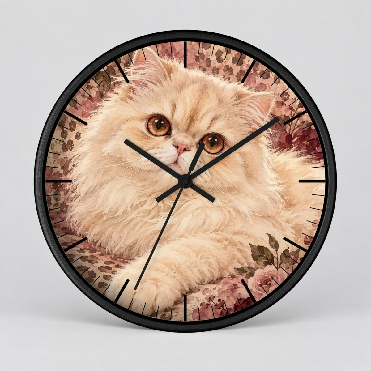 Floral Cheetah Print Persian Cat Wood Wall Clock