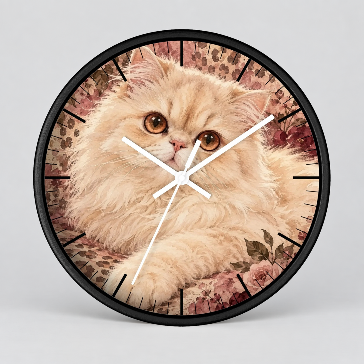Floral Cheetah Print Persian Cat Wood Wall Clock