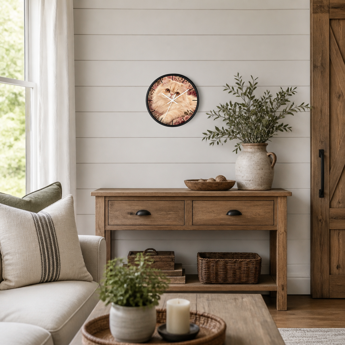Floral Cheetah Print Persian Cat Wood Wall Clock