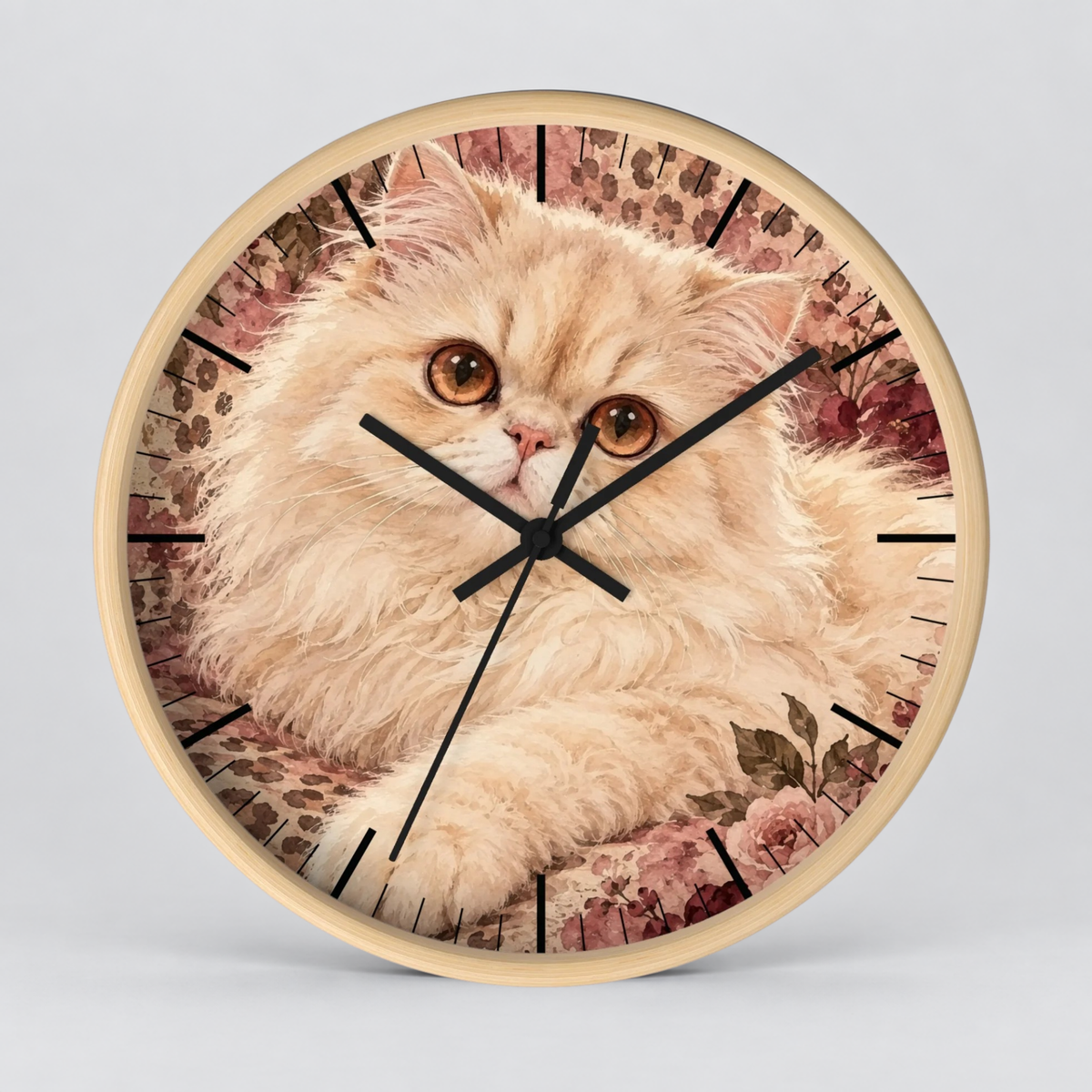 Floral Cheetah Print Persian Cat Wood Wall Clock