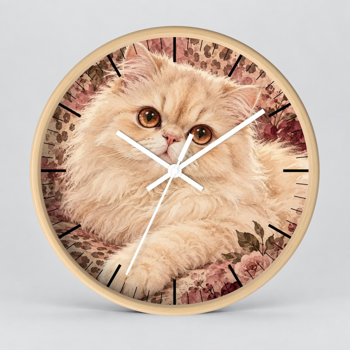Floral Cheetah Print Persian Cat Wood Wall Clock