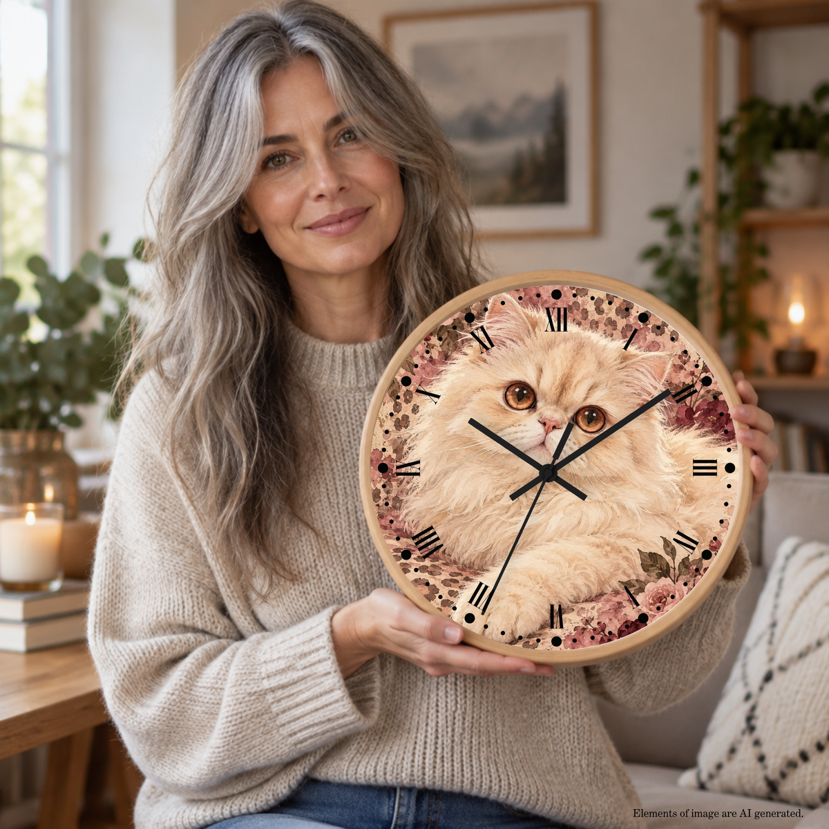 Floral Cheetah Print Persian Cat Wood Wall Clock
