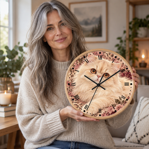 Floral Cheetah Print Persian Cat Wood Wall Clock