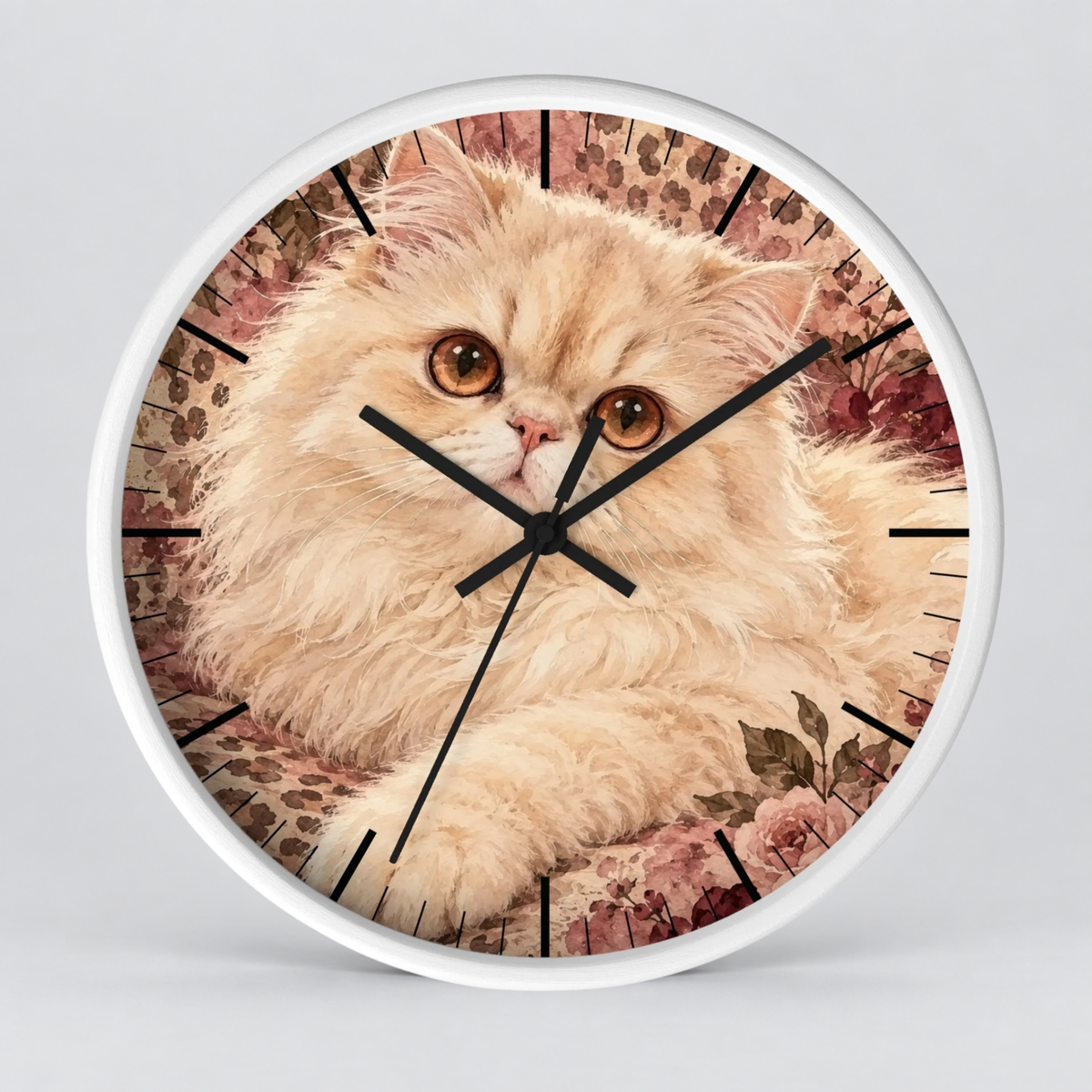 Floral Cheetah Print Persian Cat Wood Wall Clock