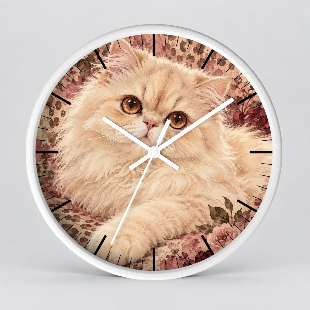 Floral Cheetah Print Persian Cat Wood Wall Clock