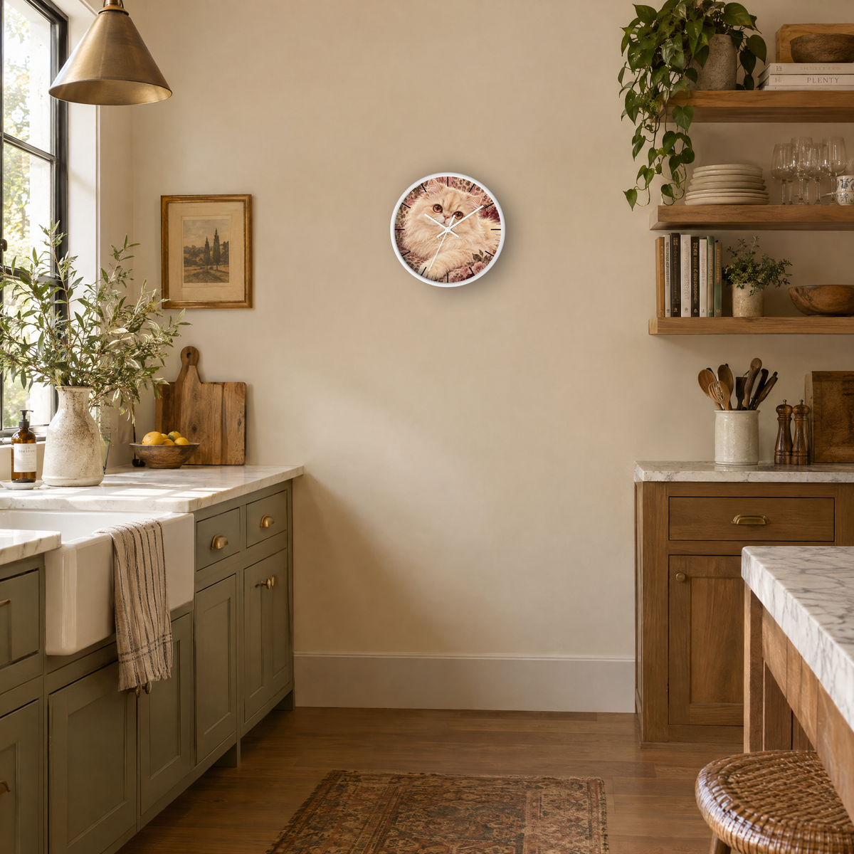 Floral Cheetah Print Persian Cat Wood Wall Clock