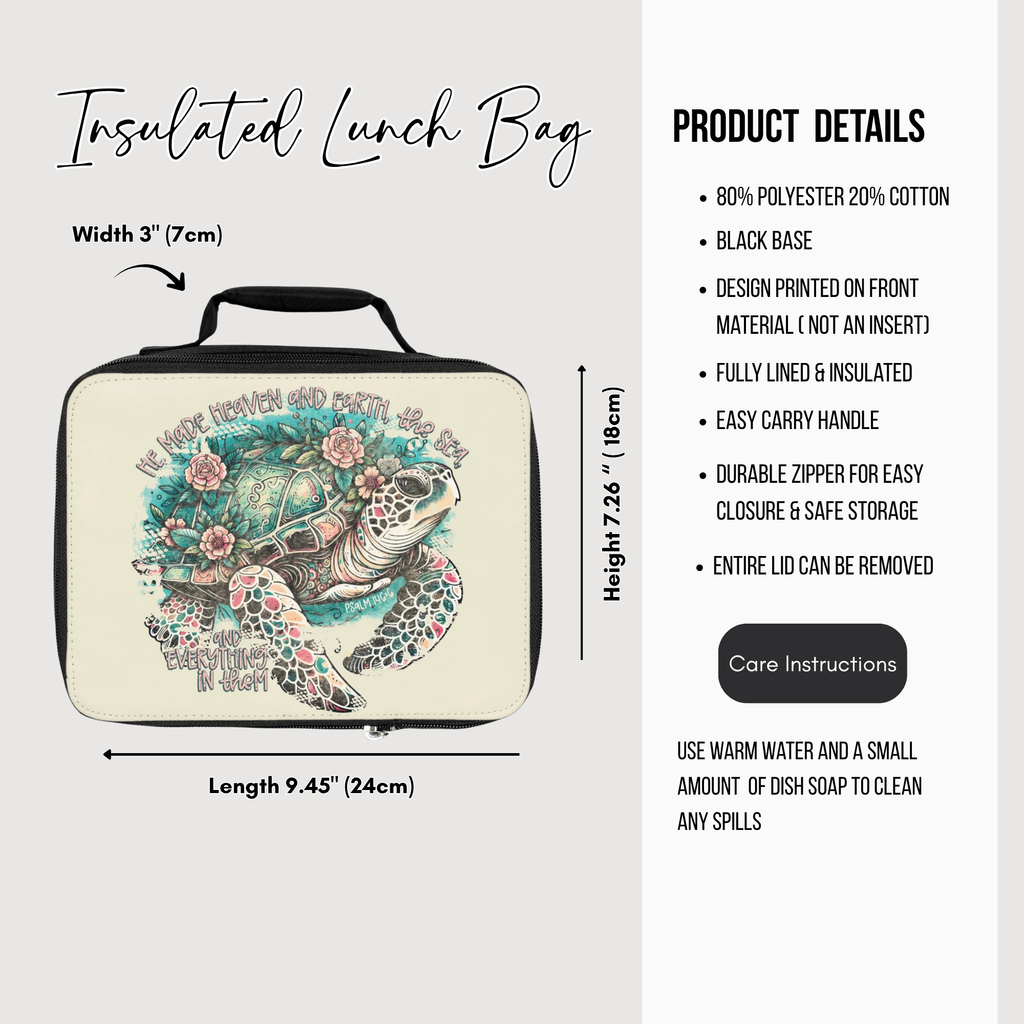 Insulated lunch bag with turtle design and product details on a white background