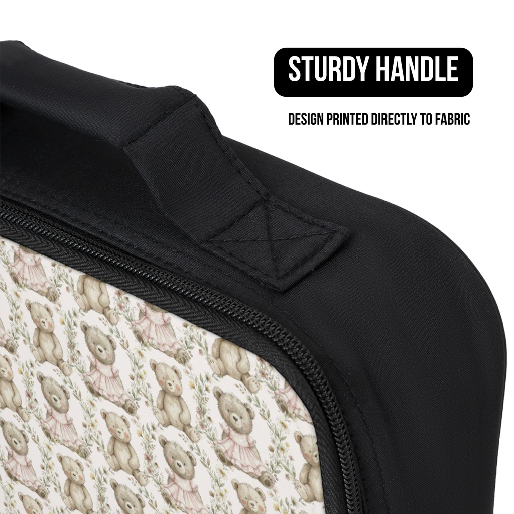 Black lunch bag with a patterned handle and text 'Sturdy Handle' and 'Design Printed Directly to Fabric'.