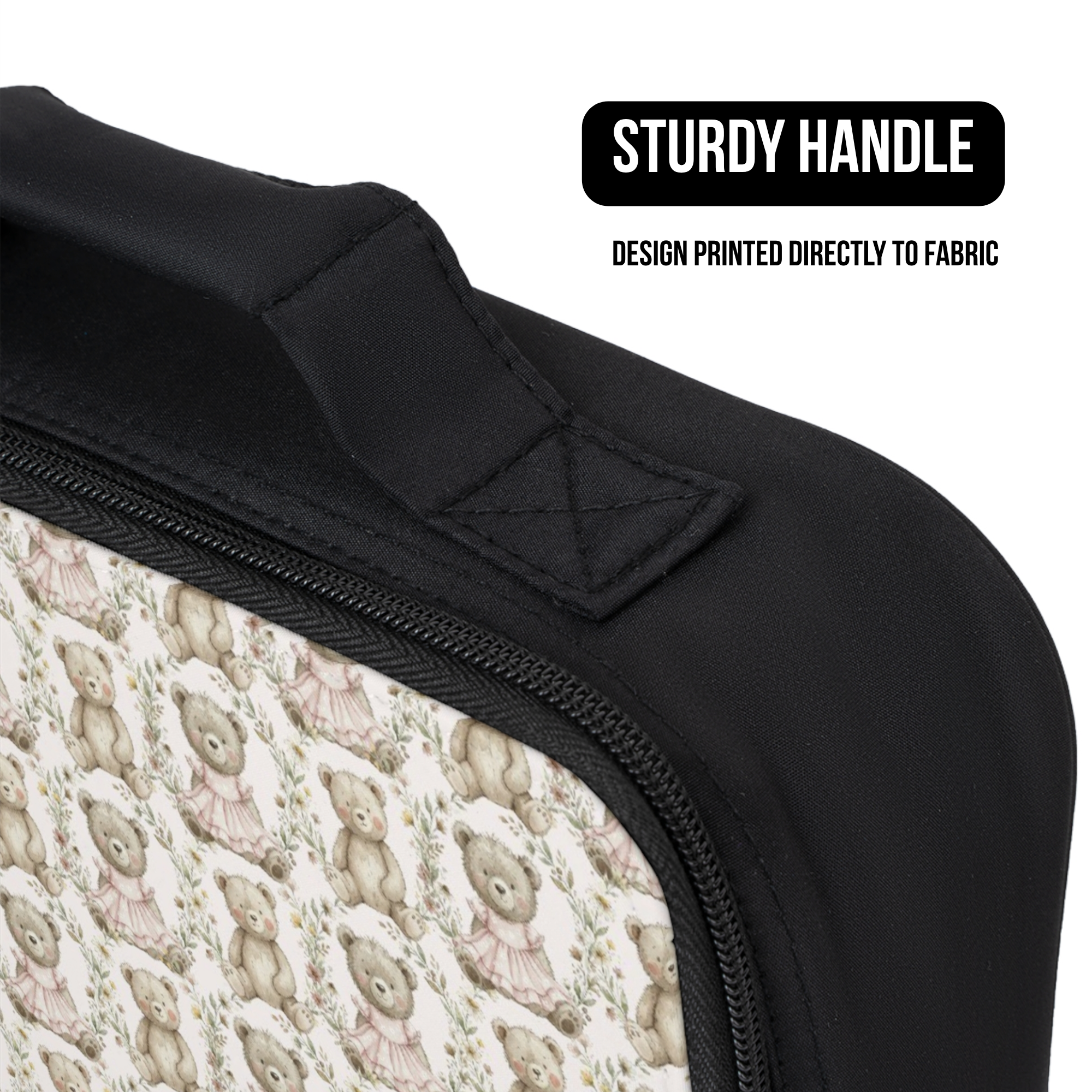 Black lunch bag with a patterned handle and text 'Sturdy Handle' and 'Design Printed Directly to Fabric'.