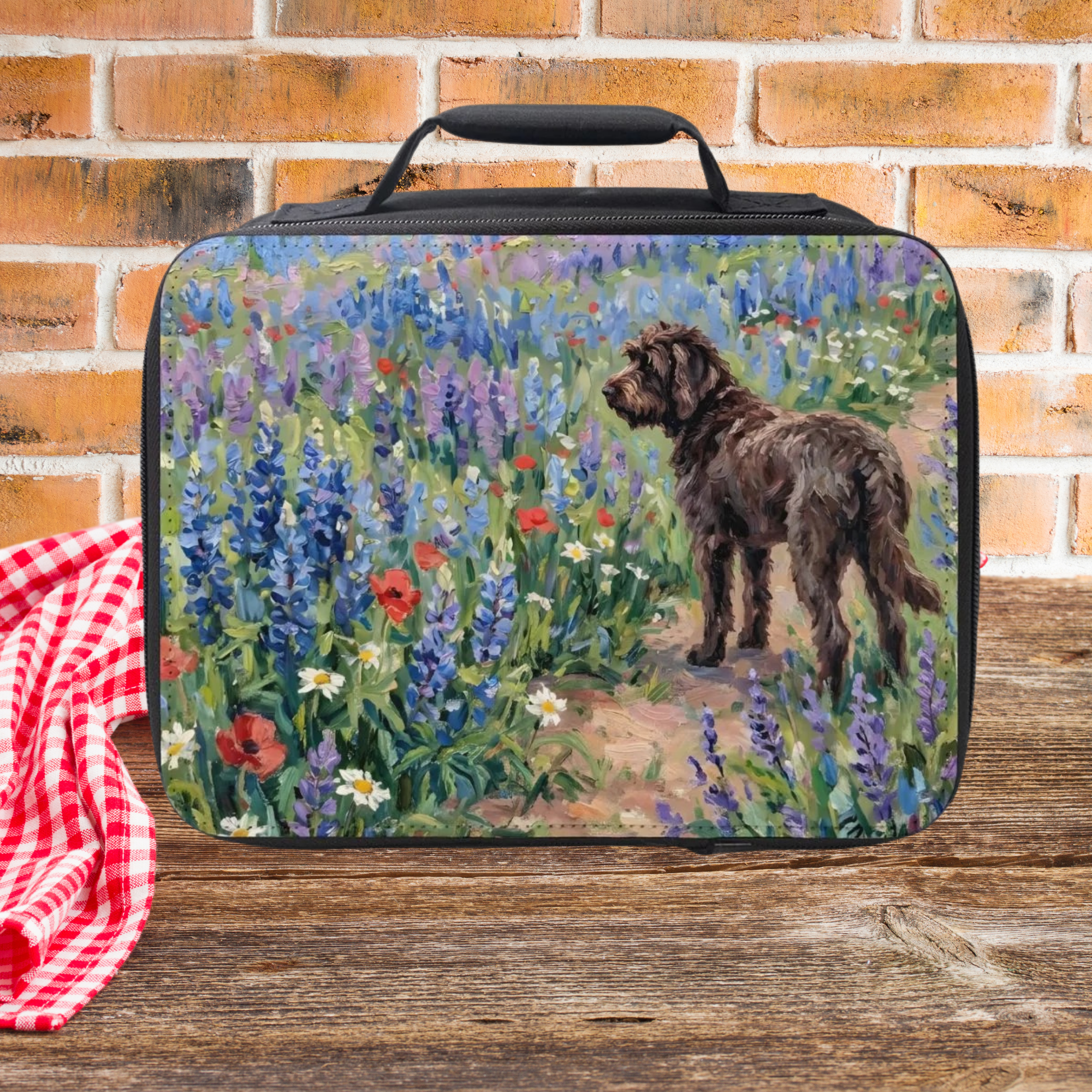 Lunch box with a dog and floral design on a wooden surface picnic table with a brick wall background