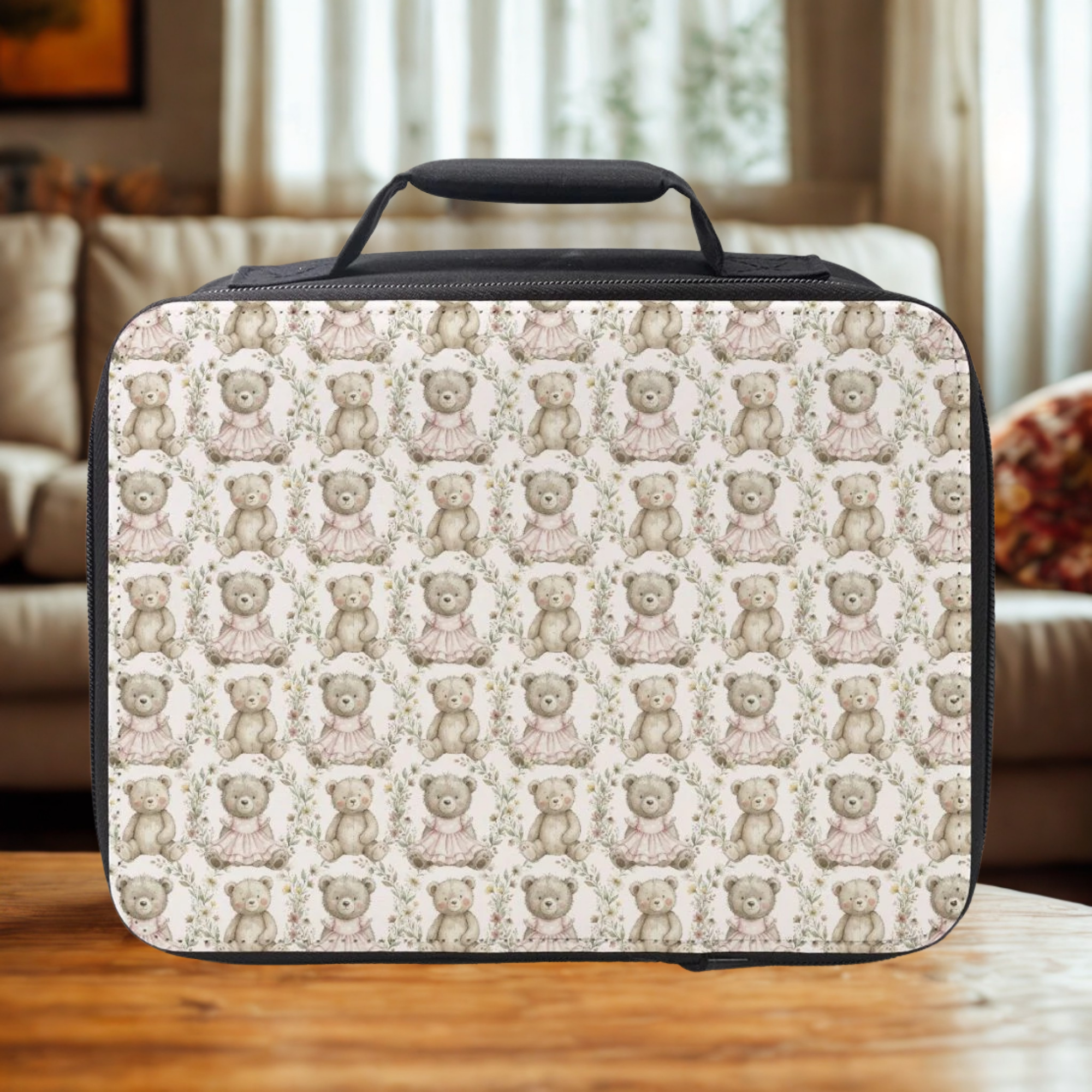 Lunch box with teddy bear pattern on a wooden coffee table in a cozy living room.