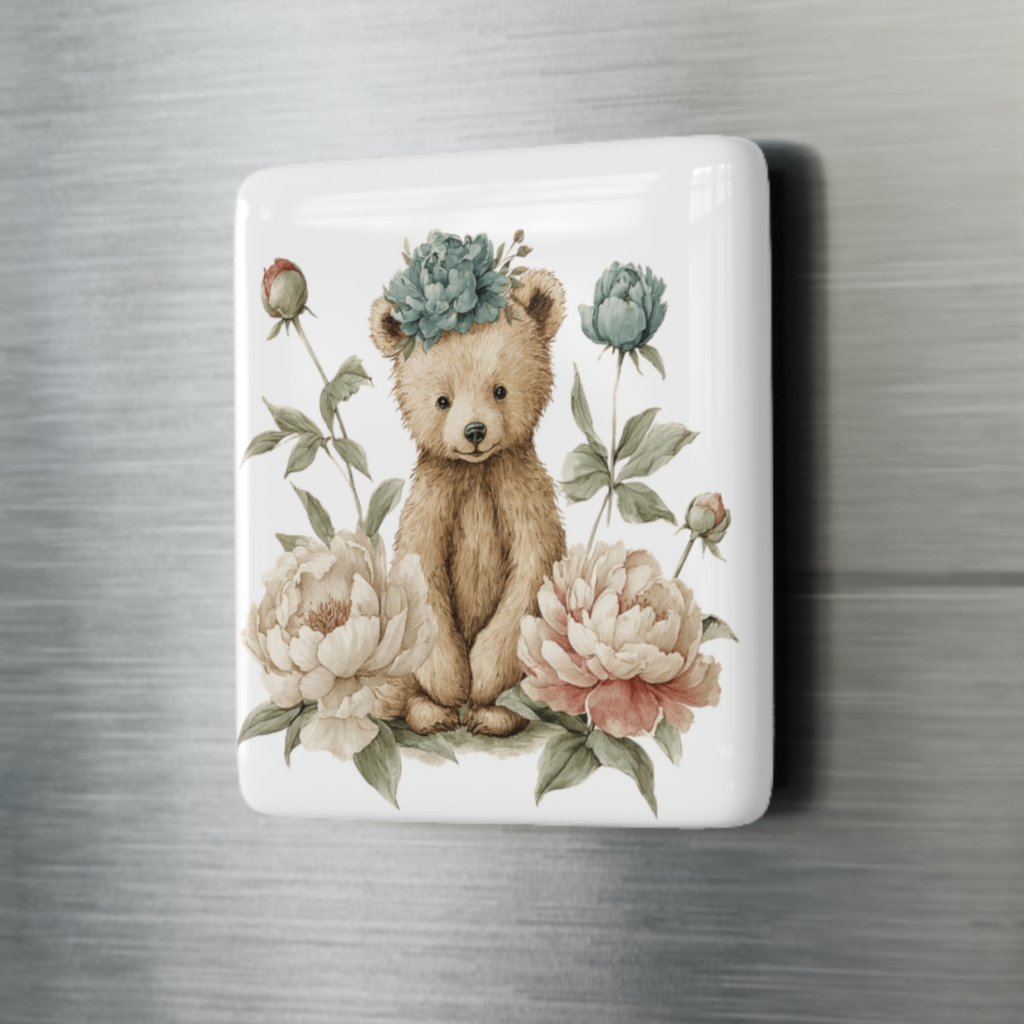 Decorative refrigerator magnet with a teddy bear and floral design on a metallic background