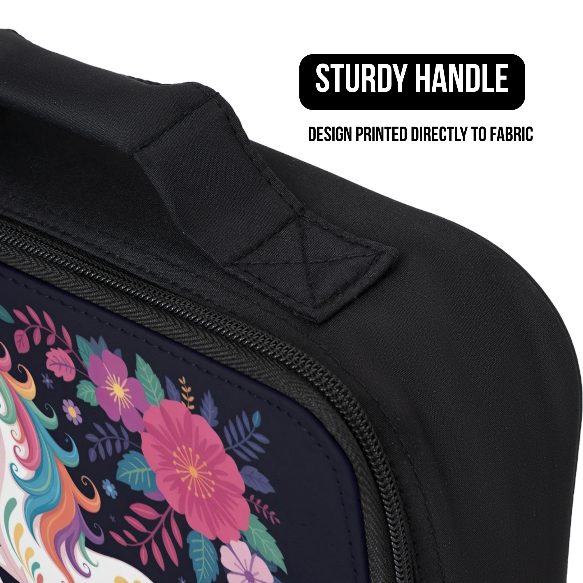 Black lunch bag with colorful floral Unicorn design and text about a sturdy handle and fabric printing.