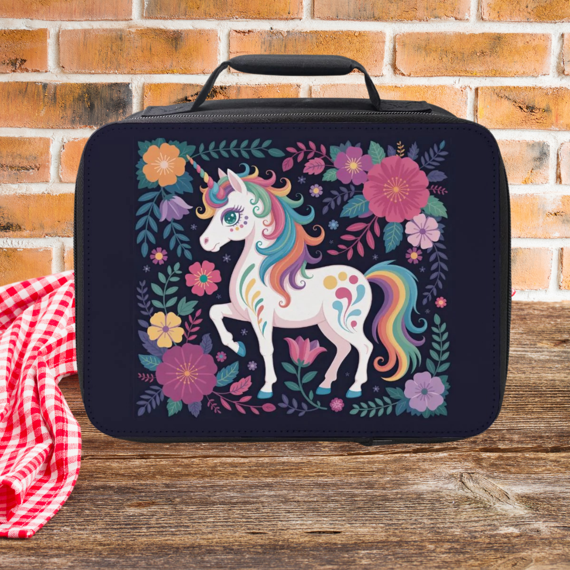 Black lunch bag with a colorful unicorn design on a wooden picnic table with a brick wall background