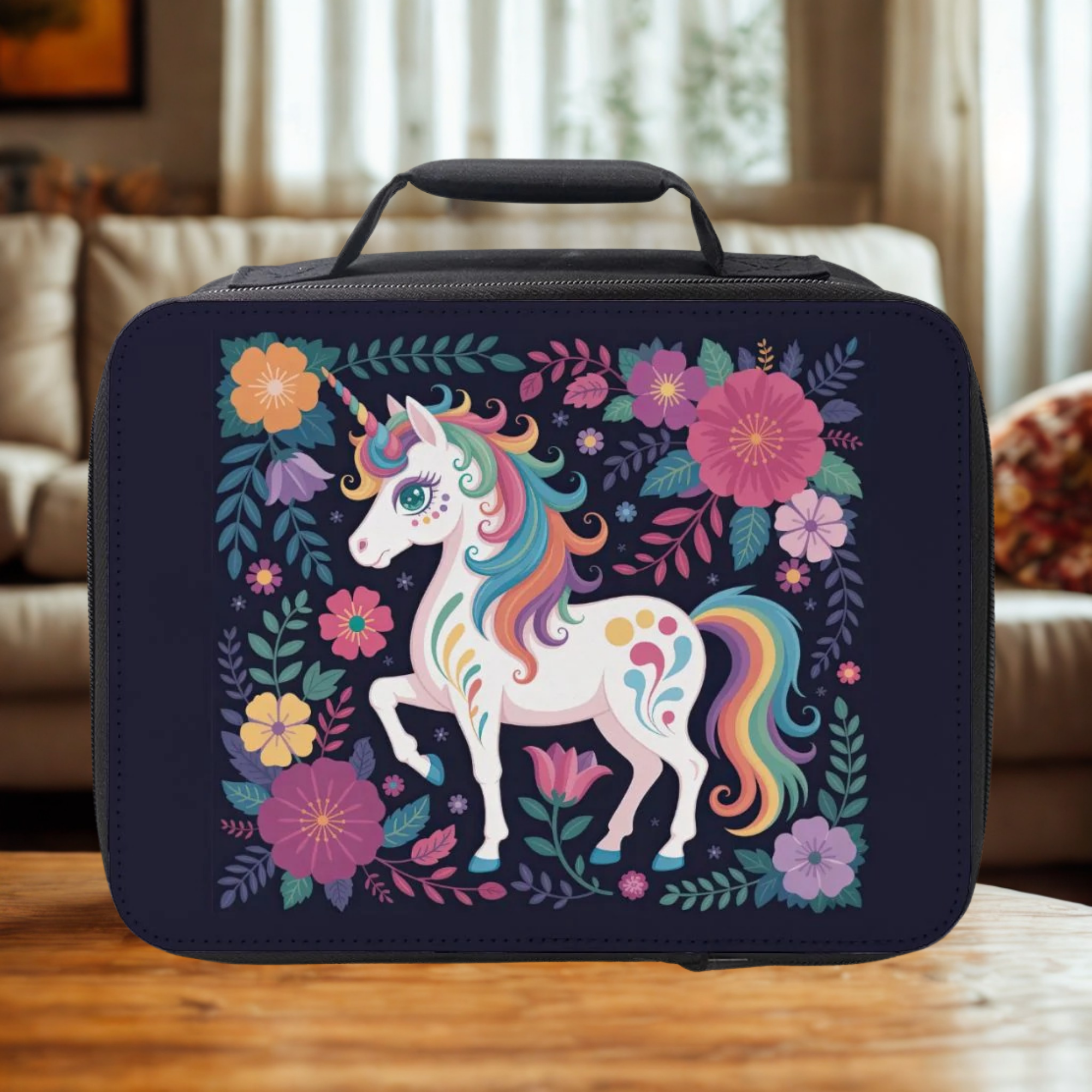  insulated lunch bag with unicorn design on a wooden table in a cozy living room.