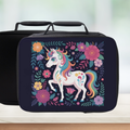 Black lunch bag with a colorful unicorn design on a white background