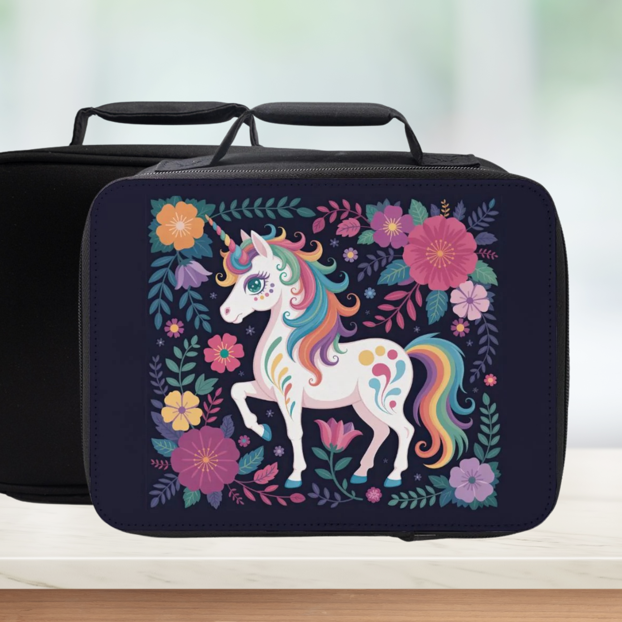 Black lunch bag with a colorful unicorn design on a white background