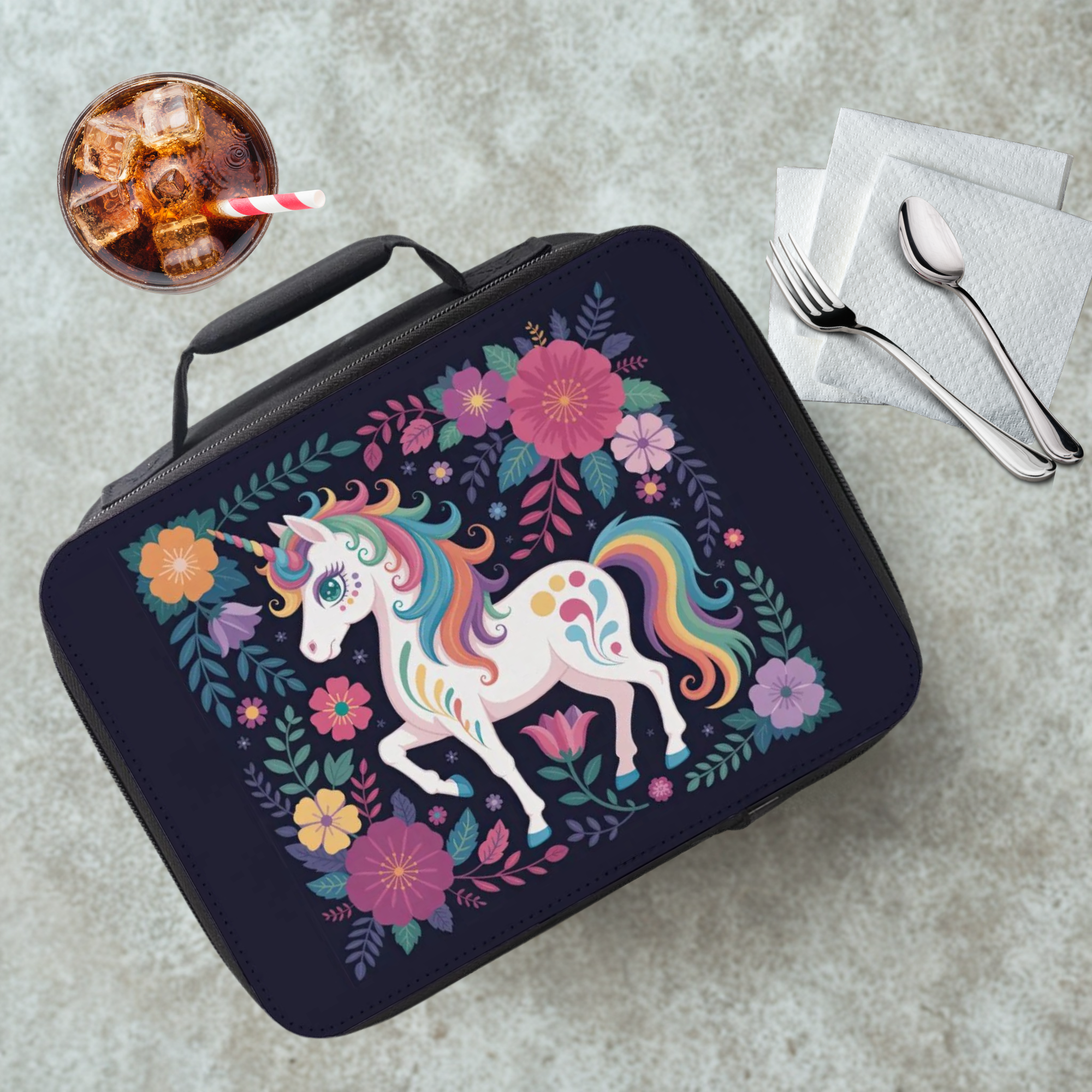 Lunch box with unicorn design on a gray table with a drink and utensils.