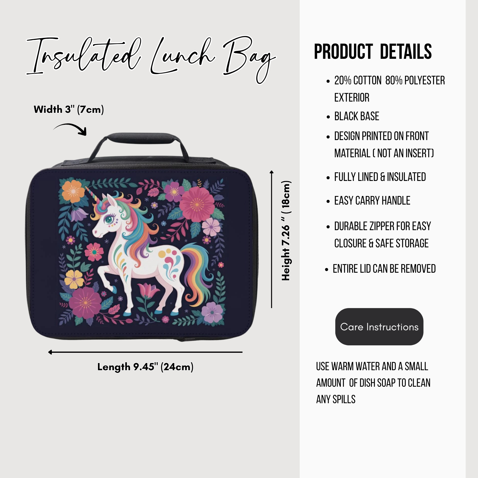 Insulated lunch bag with unicorn design and product details on a white background