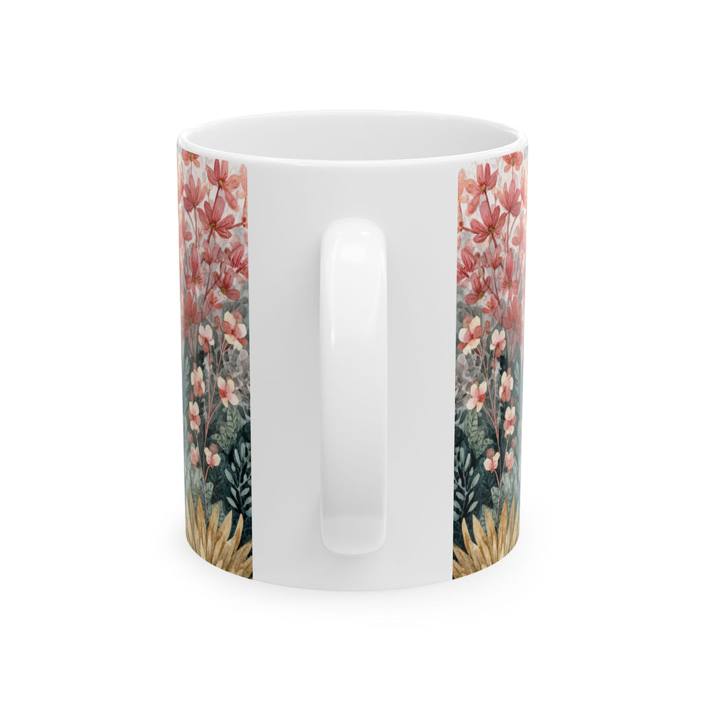 White mug with floral pattern on a white background