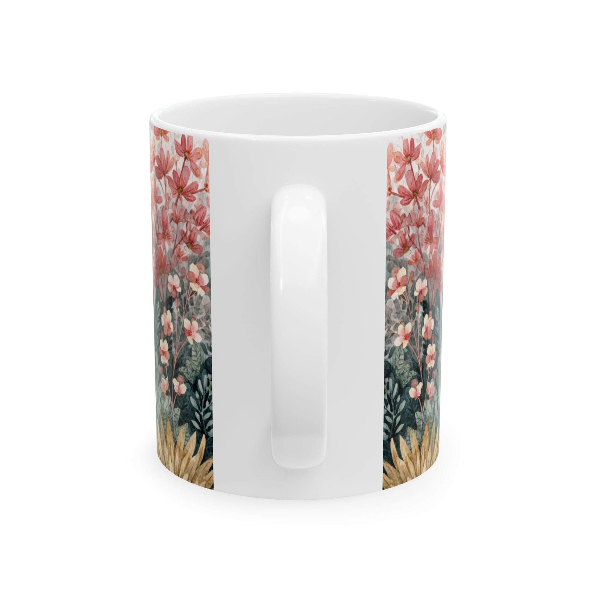 White mug with floral pattern on a white background