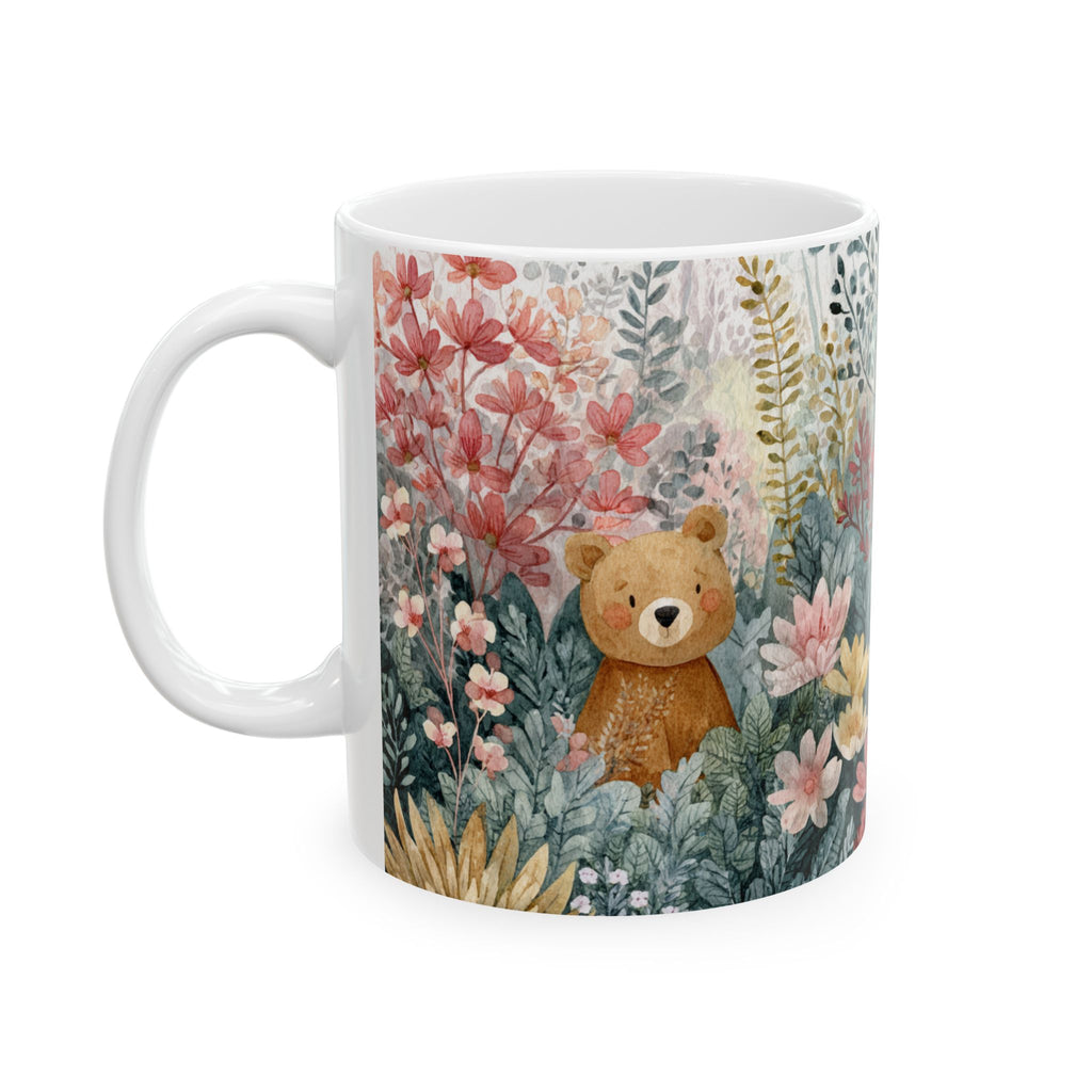 Mug with a bear and floral design on a white background