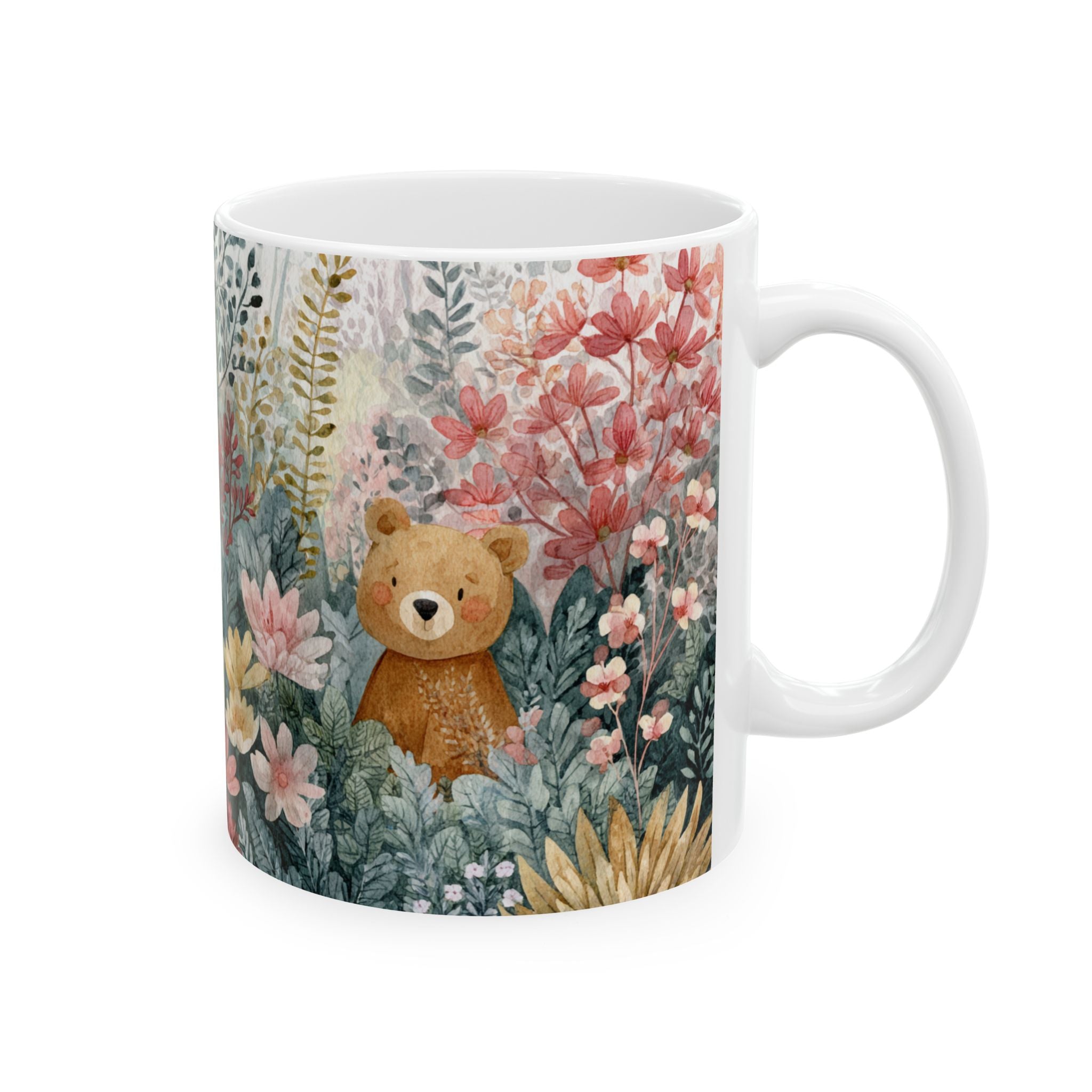 Mug with a bear and floral design on a white background