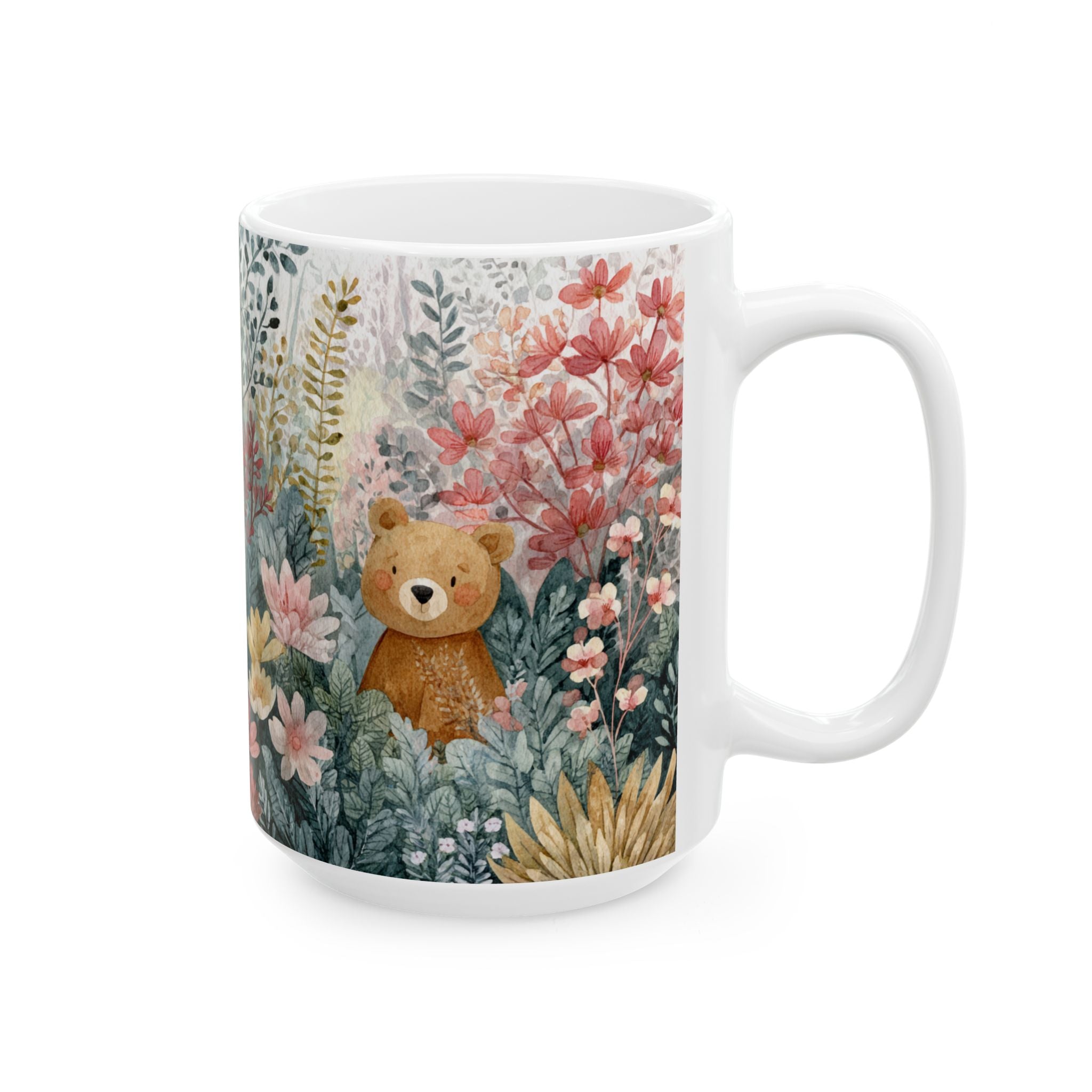 Mug with a bear and floral design on a white background