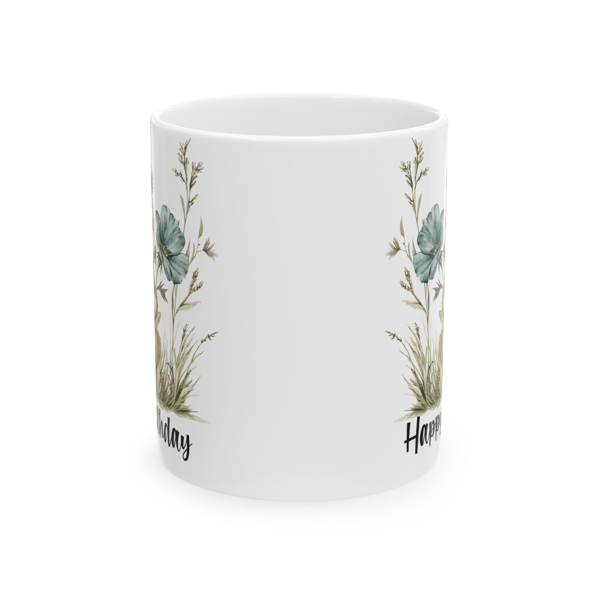 White mug with floral designs and text on a white background