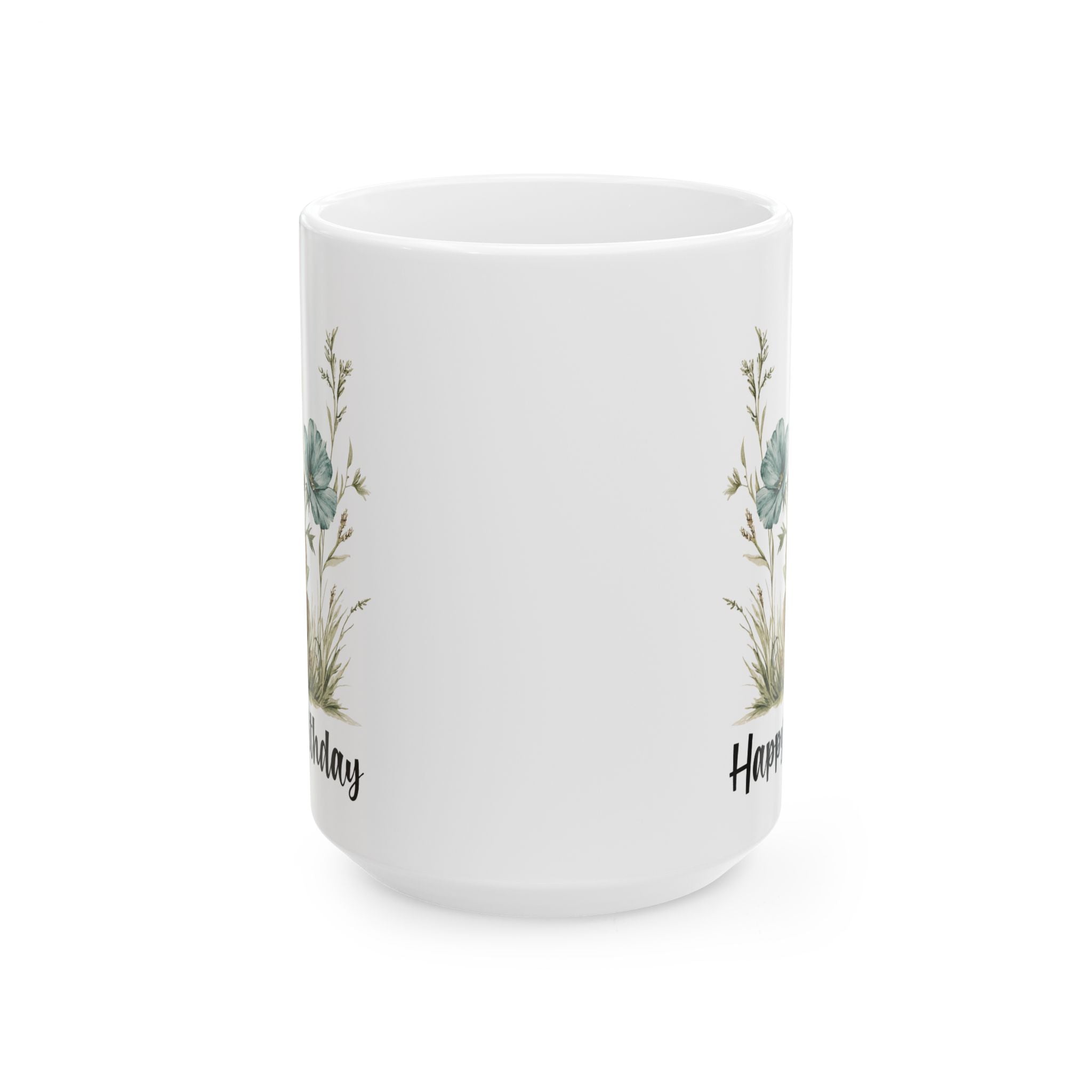 White mug with plant designs and text on a white background
