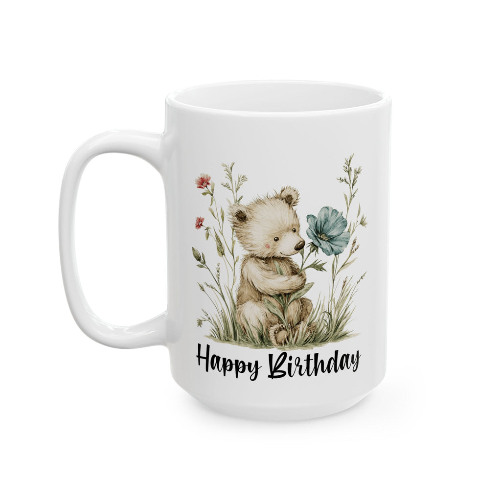 White mug with a bear holding flowers and 'Happy Birthday' text on a white background