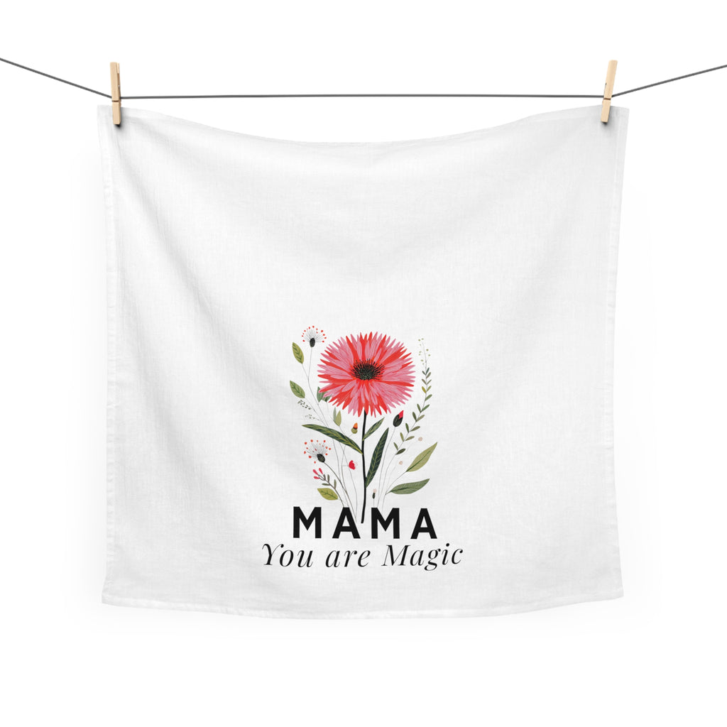 Extra large white tea towel with floral design and 'MAMA You are Magic' text hanging on a line.