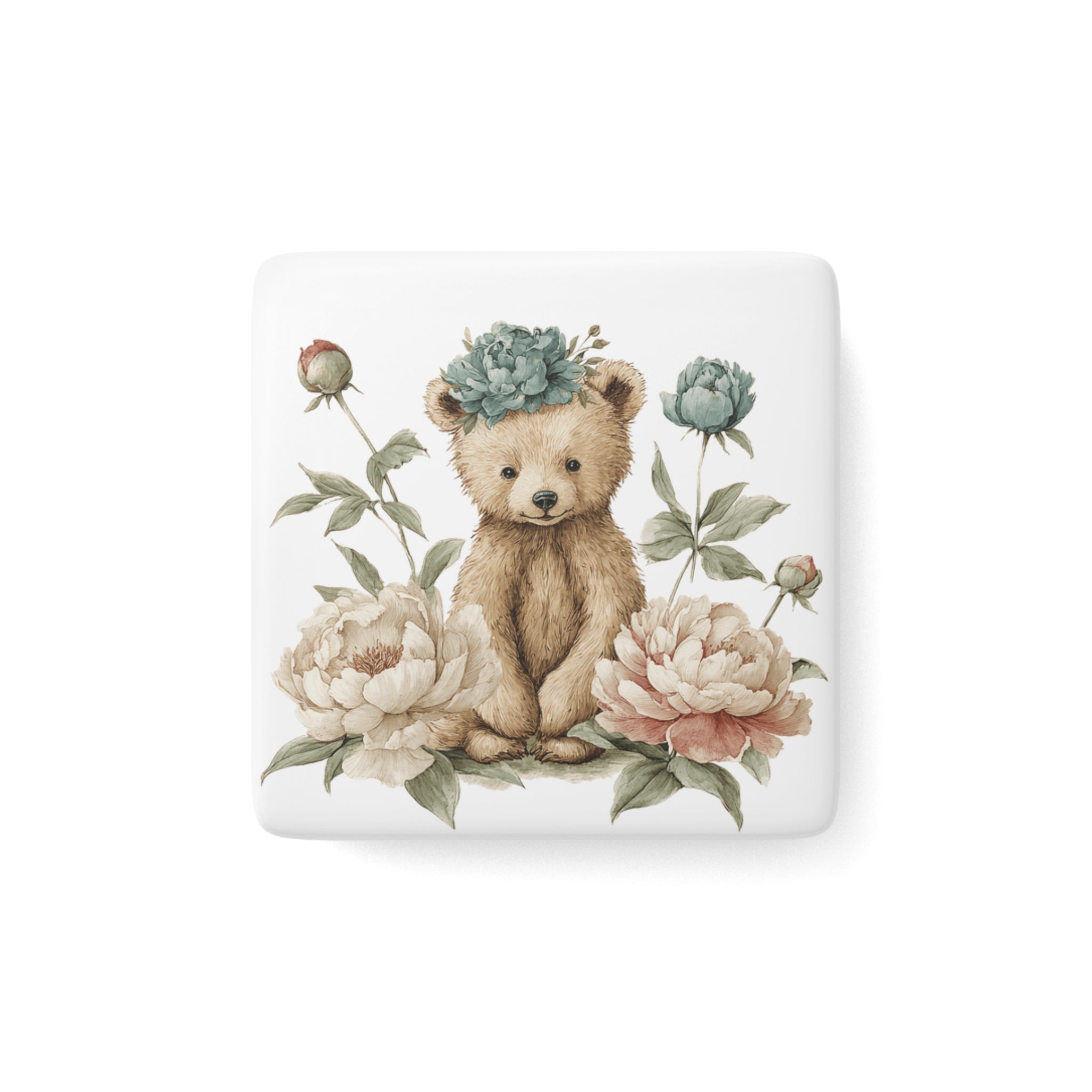 Square porcelain magnet with teddy bear and floral design on a white background