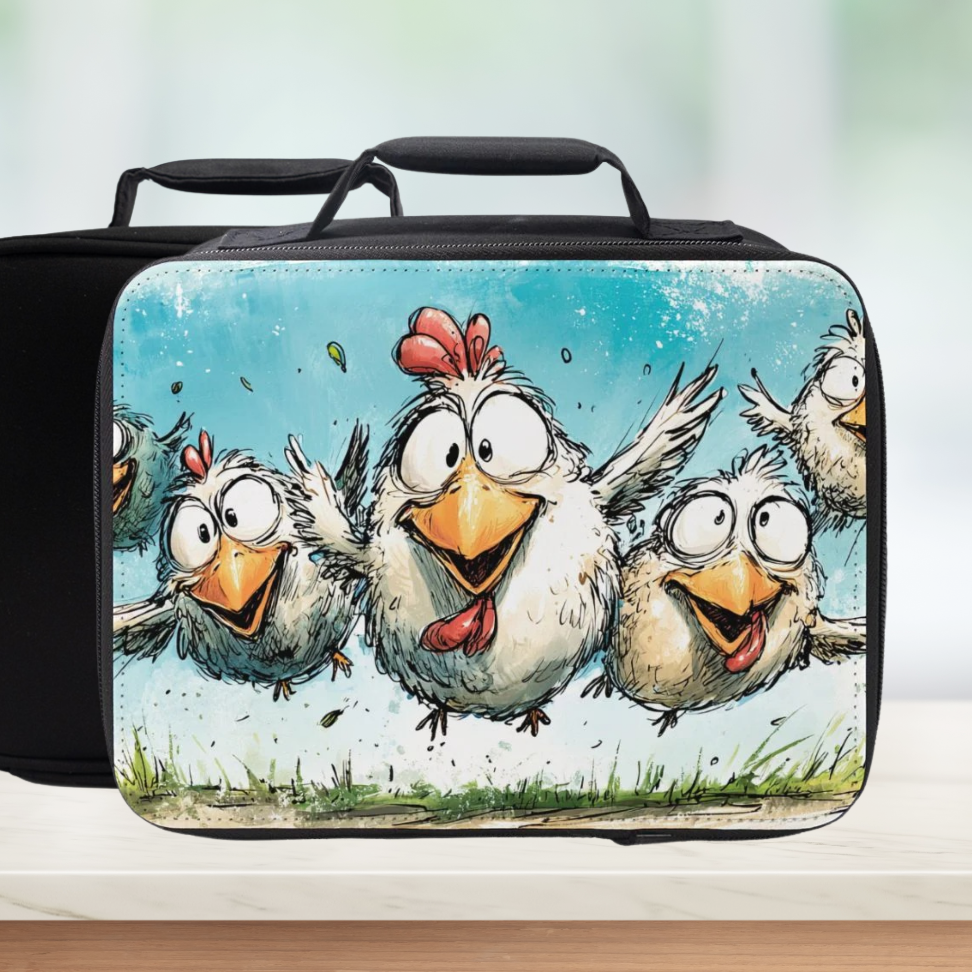  insulated lunch bag with cartoon chicken design on a white background