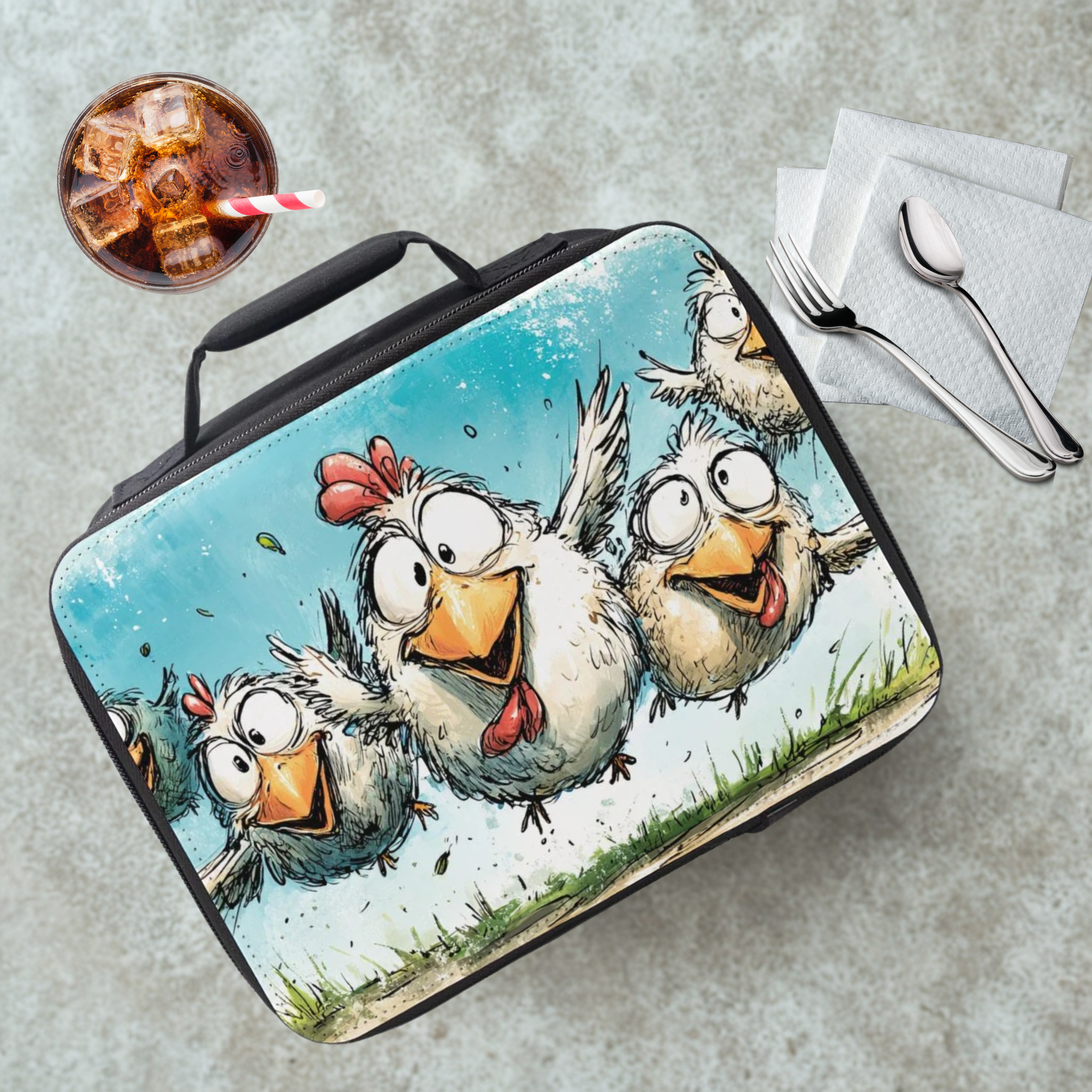 Lunch bag with cartoon chicken design on a cafeteria table with a drink and utensils.