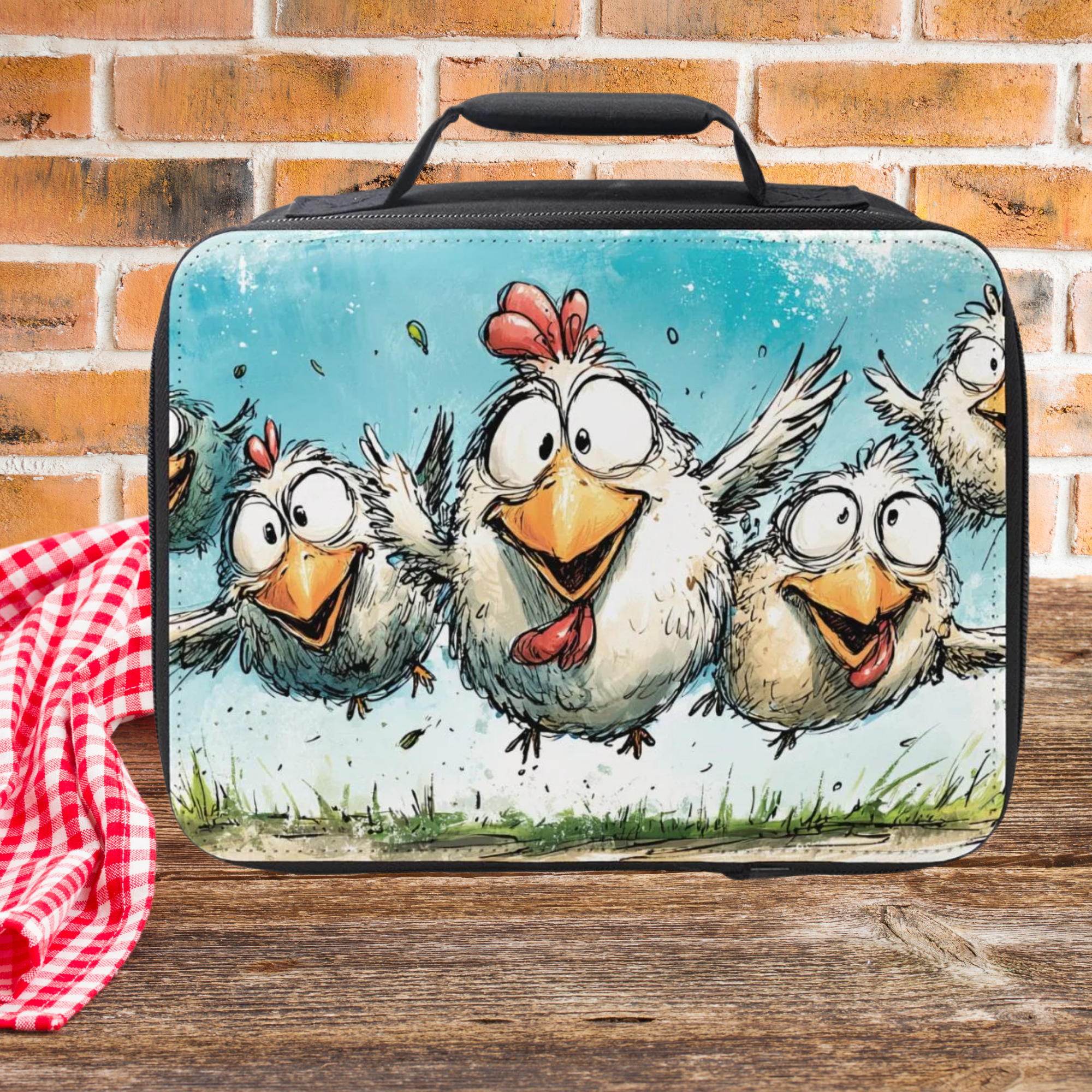Lunch bag with cartoon chicken design on a wooden picnic table and brick wall background
